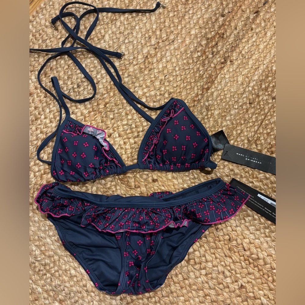 NWT Marc by Marc Jacobs Ruffle Bikini Set M Navy Pink Triangle Swim Designer